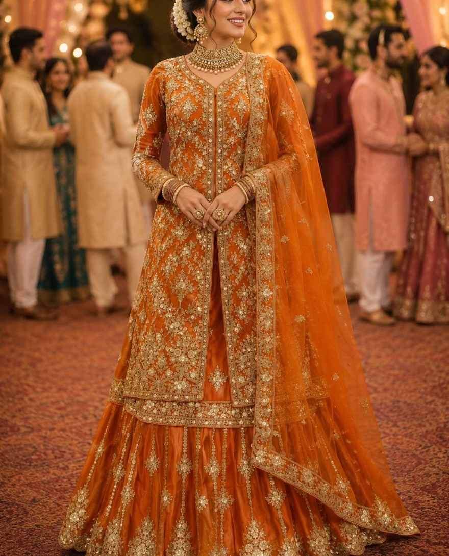 1206 - Remarkable Orange Net Readymade Lehenga Choli